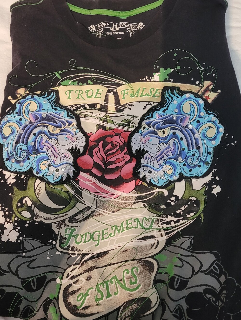Vintage Pepe Jeans London Y2K Tattoo Graphic Rhinestone T-Shirt 2XL
